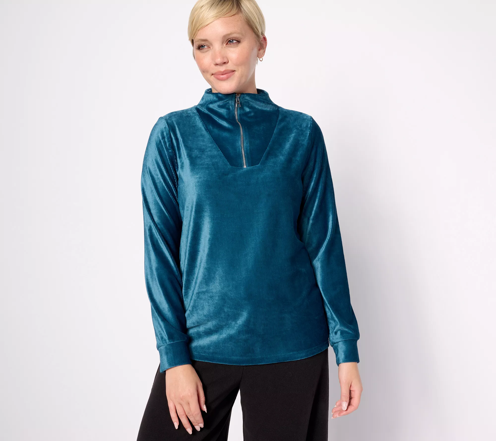 "As Is" AnyBody Rib Velour Long Sleeve Funnel Neck Pullover