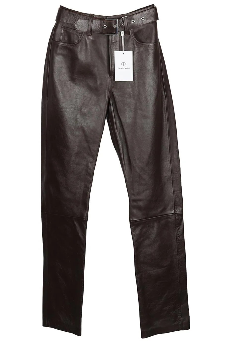 ANINE BING BELTED LEATHER STRAIGHT LEG PANTS FR 32 UK 4