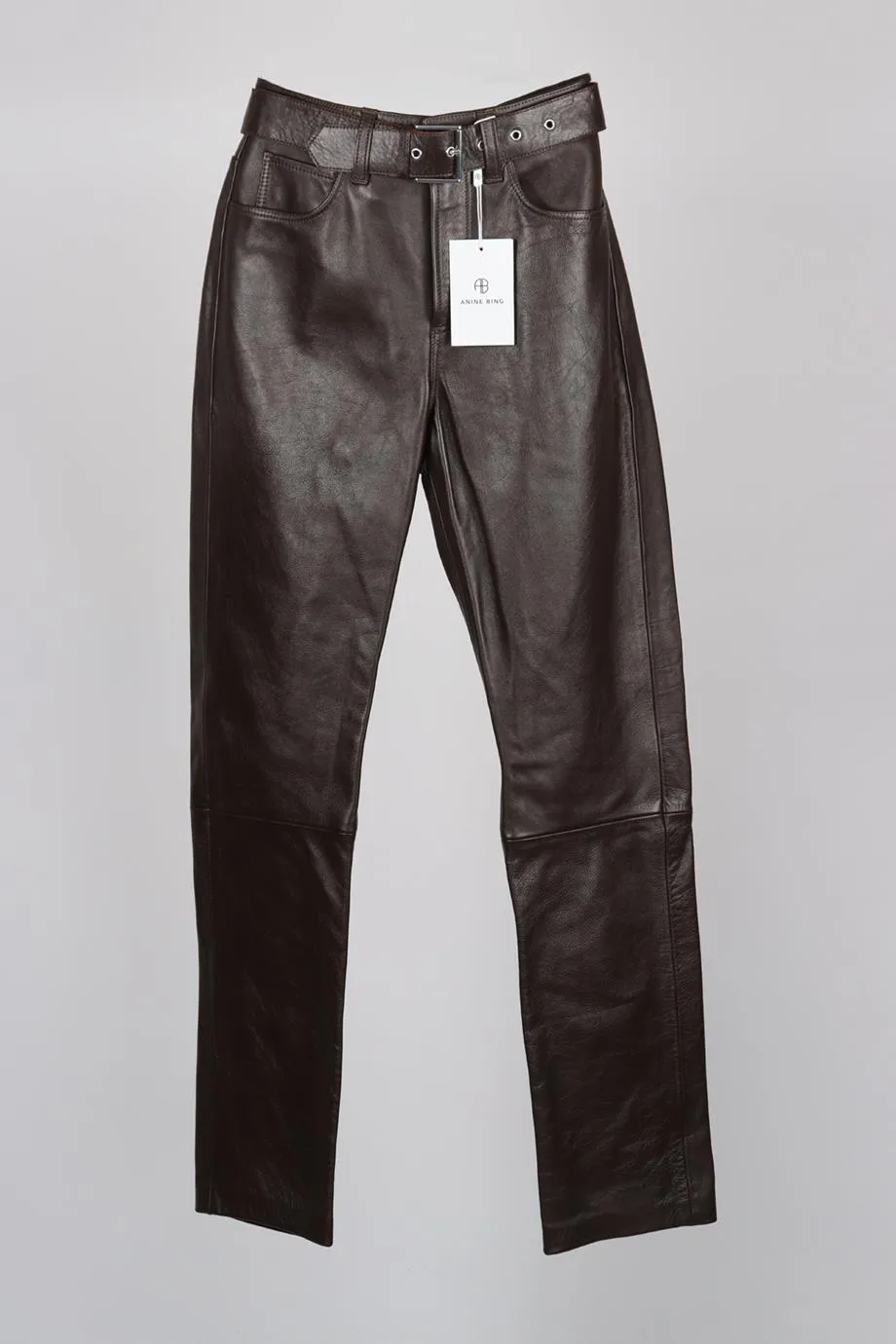 ANINE BING BELTED LEATHER STRAIGHT LEG PANTS FR 32 UK 4