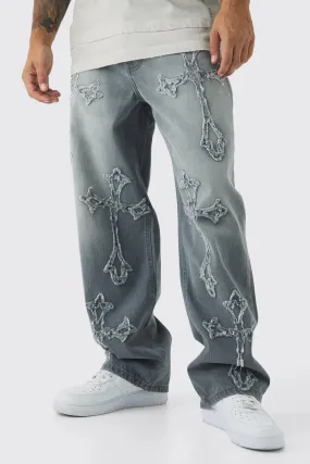 Baggy Rigid Cross Applique Jeans In Light Grey