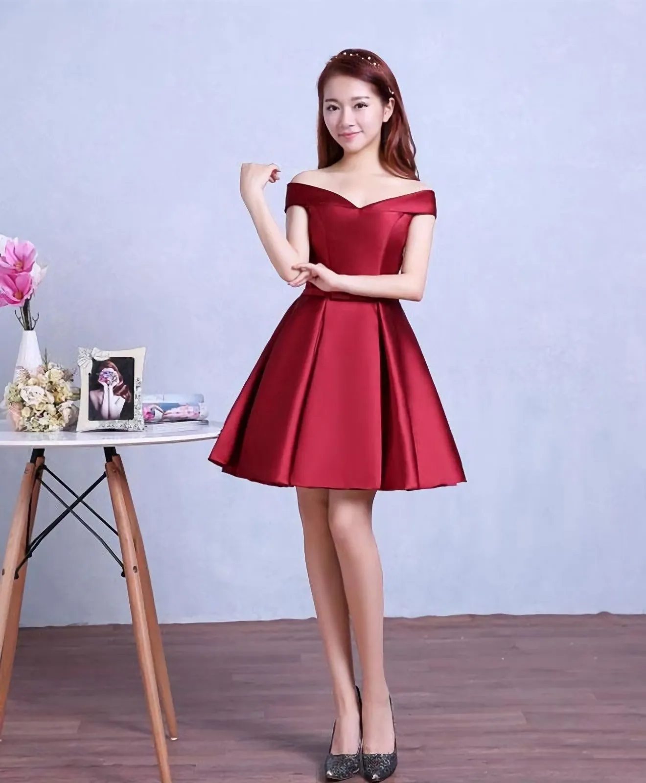 Burgundy Knee Length Prom Dress, Homecoming Dress