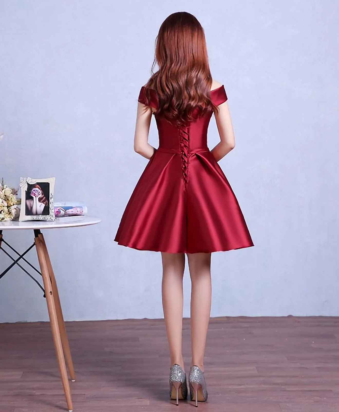 Burgundy Knee Length Prom Dress, Homecoming Dress