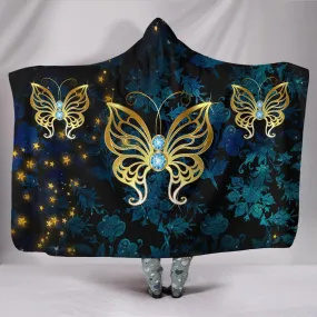 Butterflies in Blue Damask Hooded Blanket