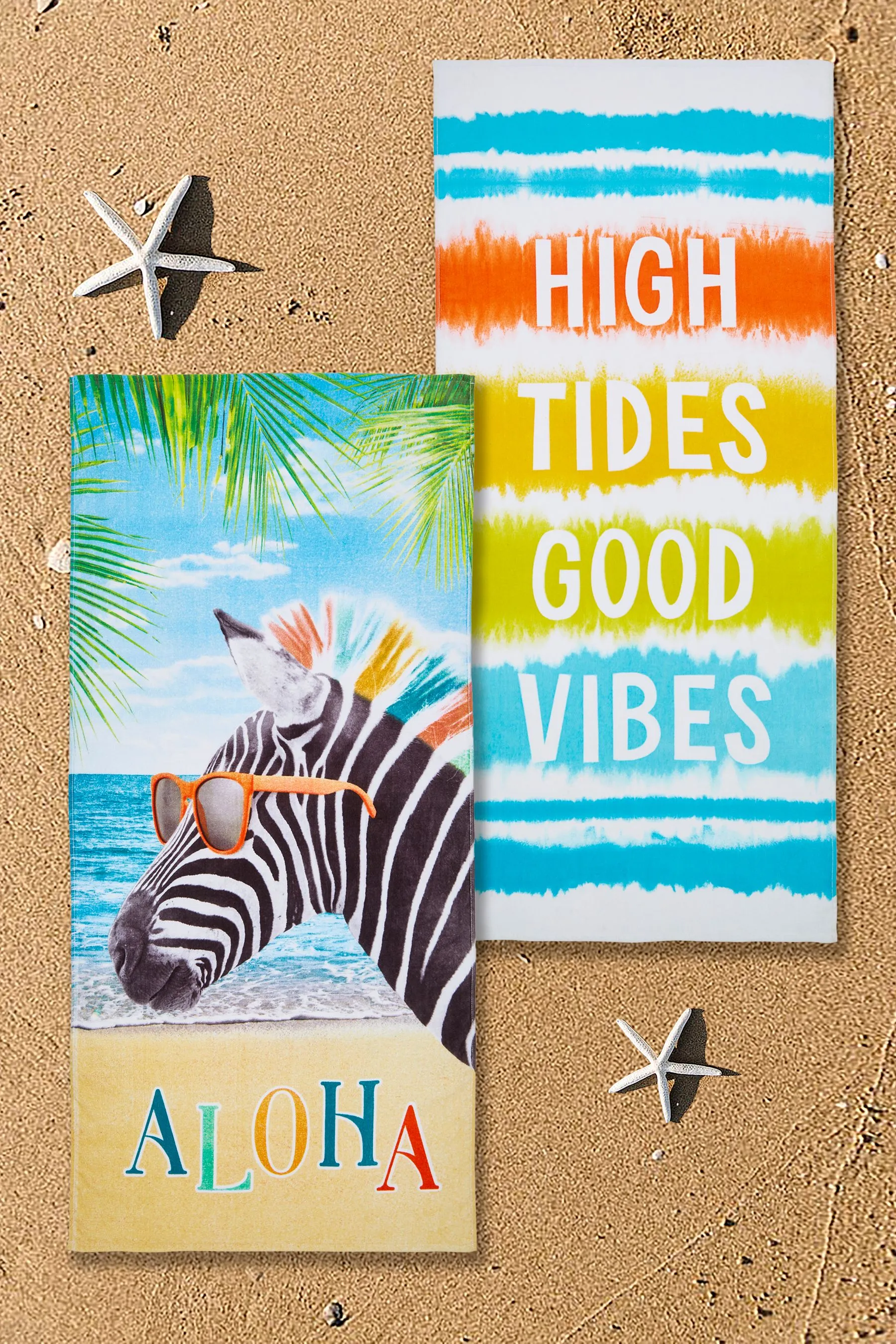 Catherine Lansfield 2 Pack Natural Tie Dye Vibes Aloha Zebra 100% Cotton Beach Towels