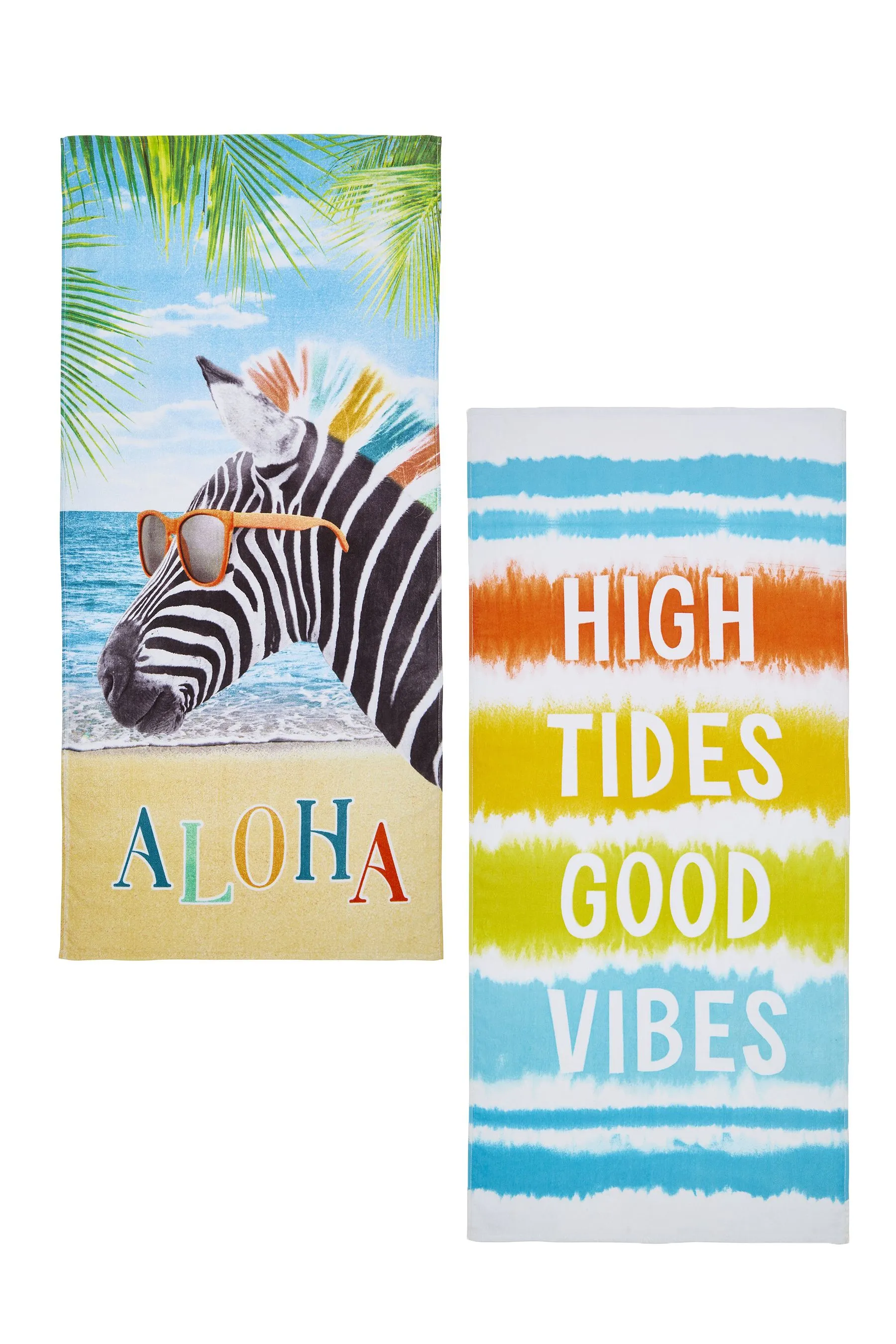 Catherine Lansfield 2 Pack Natural Tie Dye Vibes Aloha Zebra 100% Cotton Beach Towels