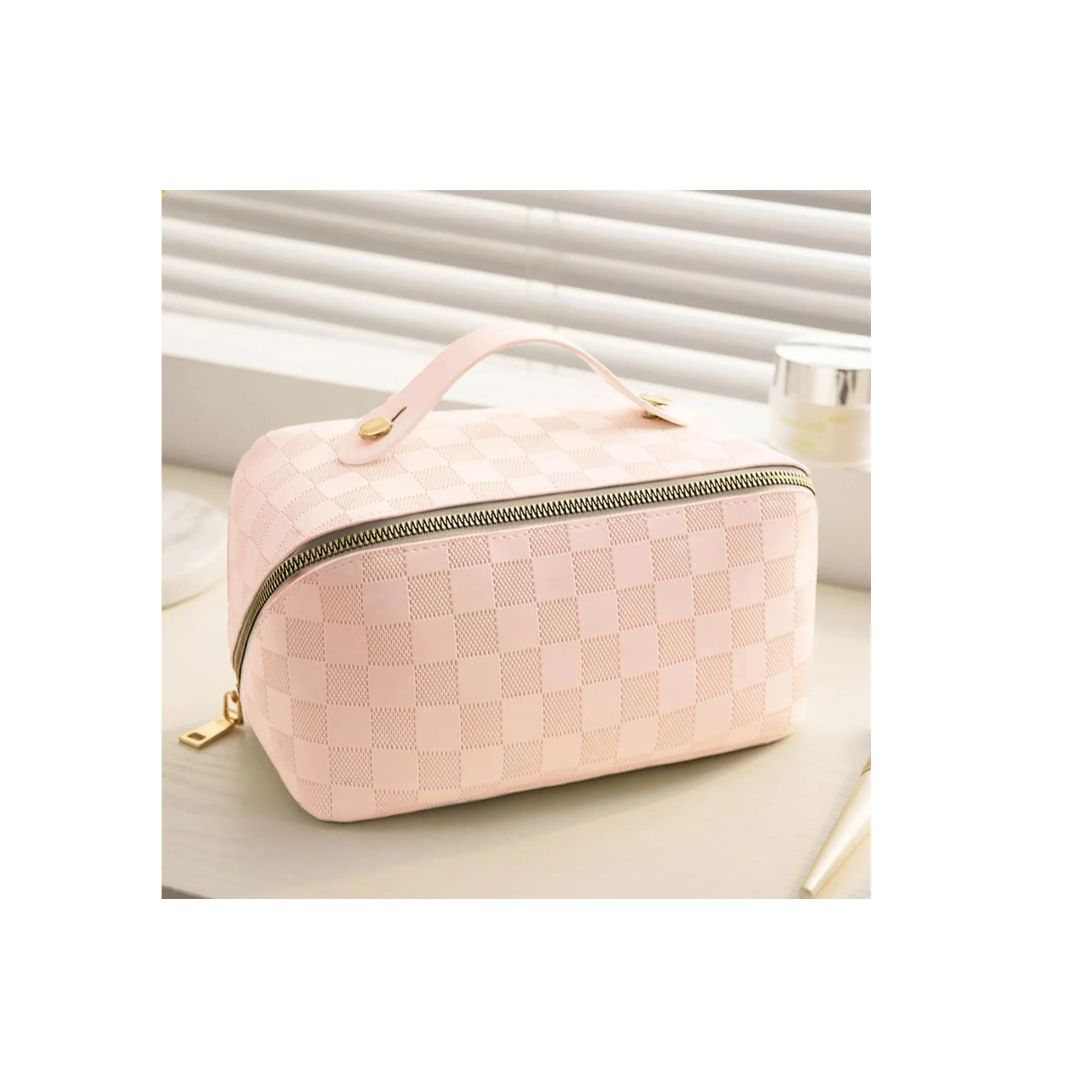 Checkered Vegan Leather Travel Makeup Bag