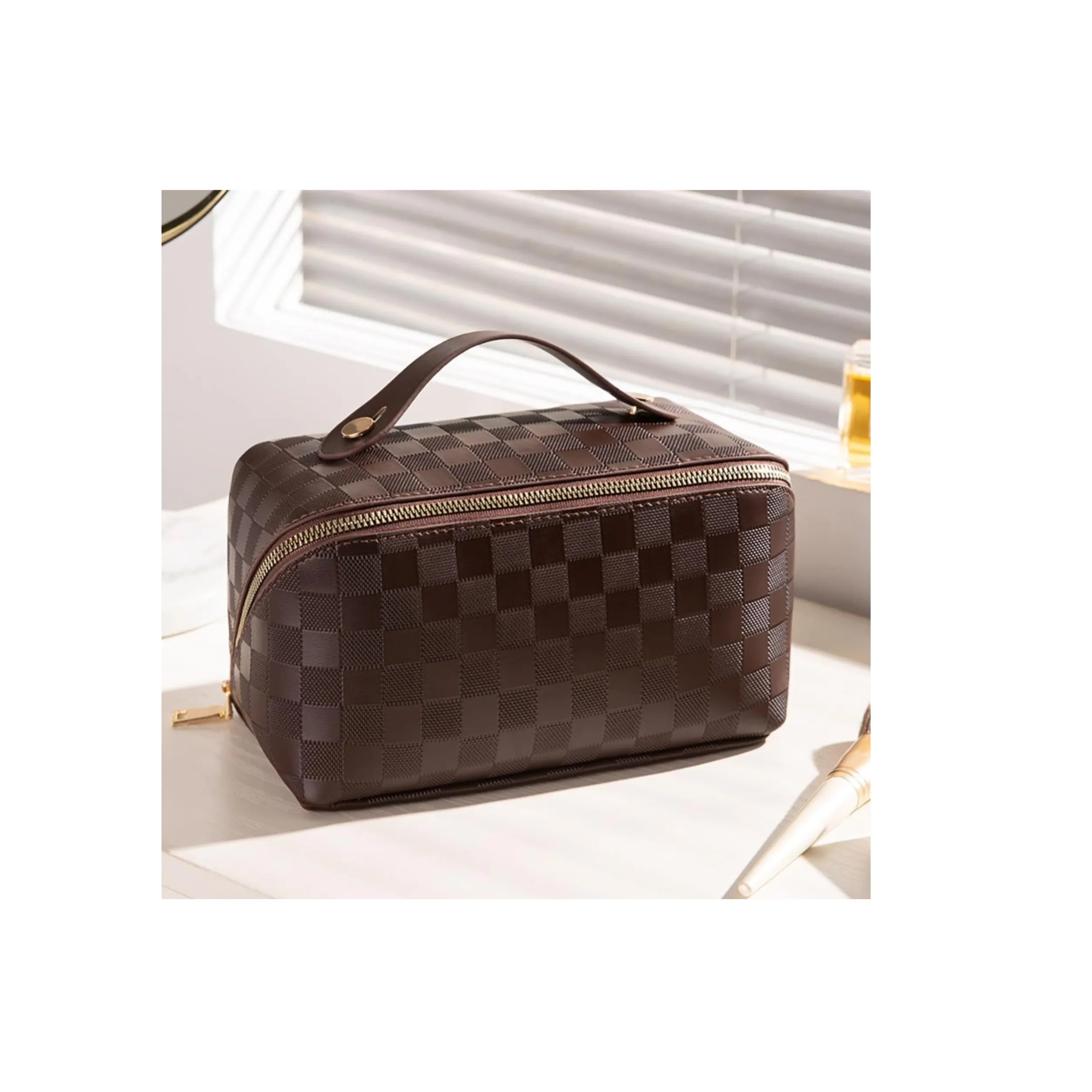 Checkered Vegan Leather Travel Makeup Bag