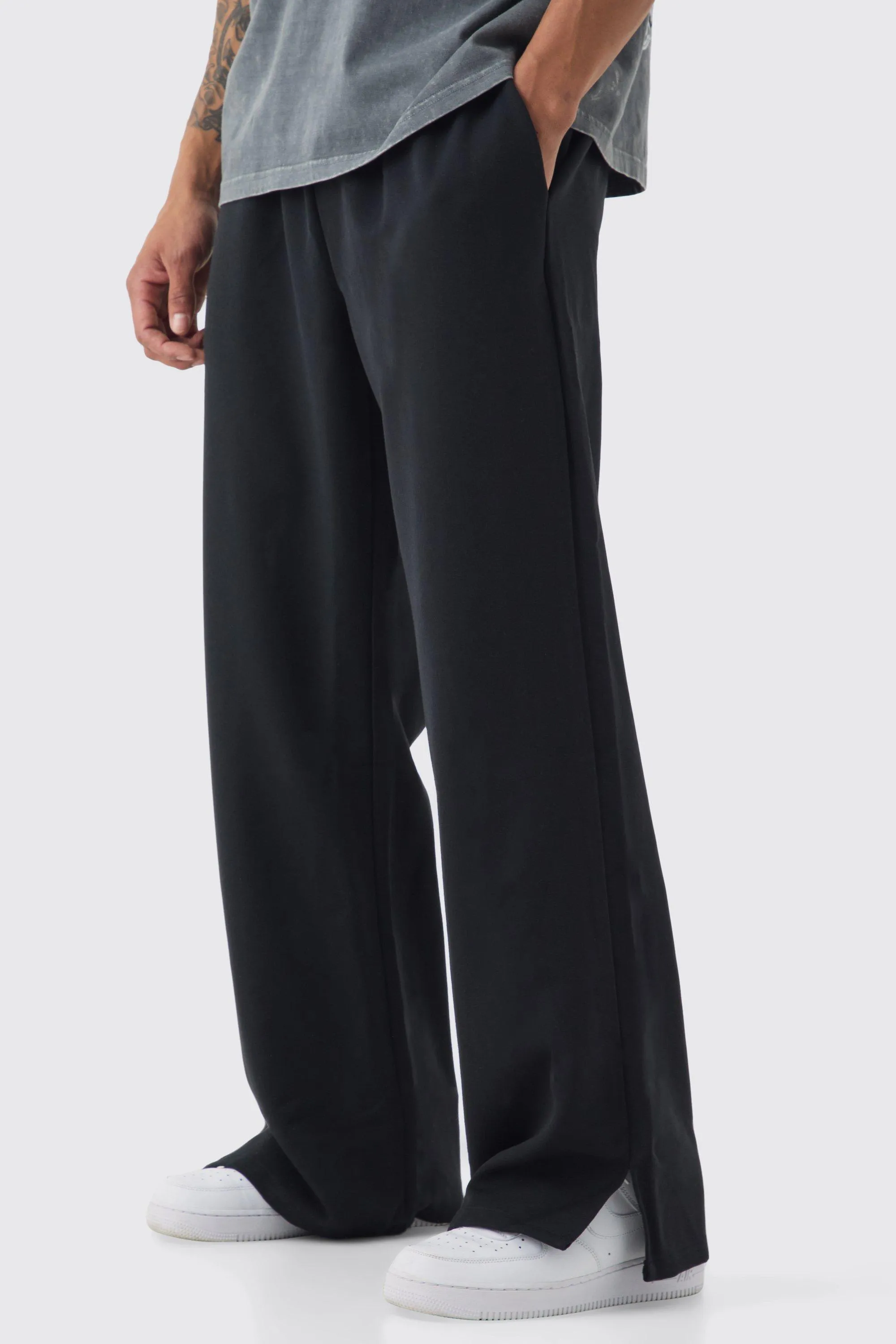 Drawcord Waist Split Hem Straight Leg Pants