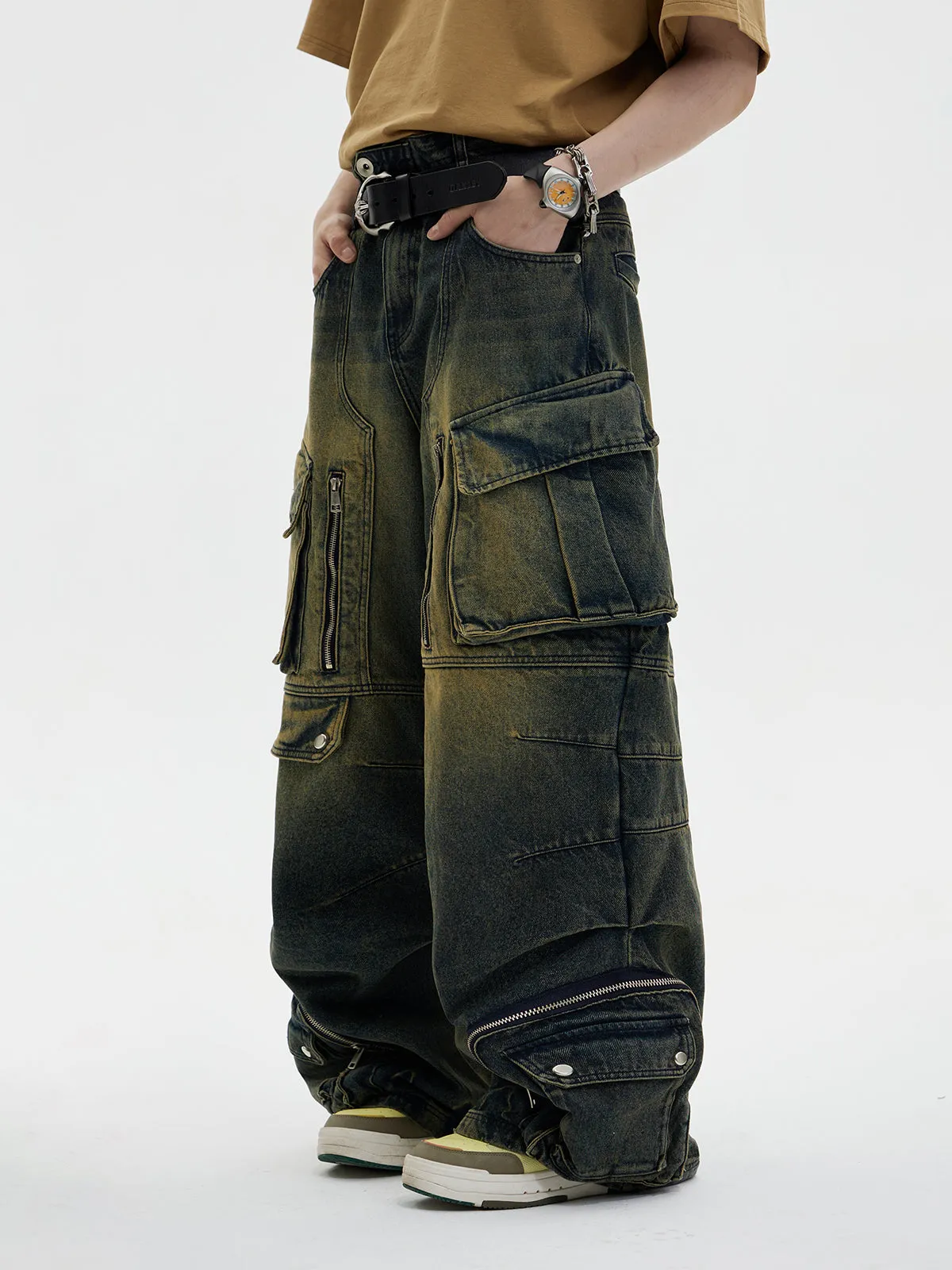 Faded Denim Wide-Leg Causal Pants