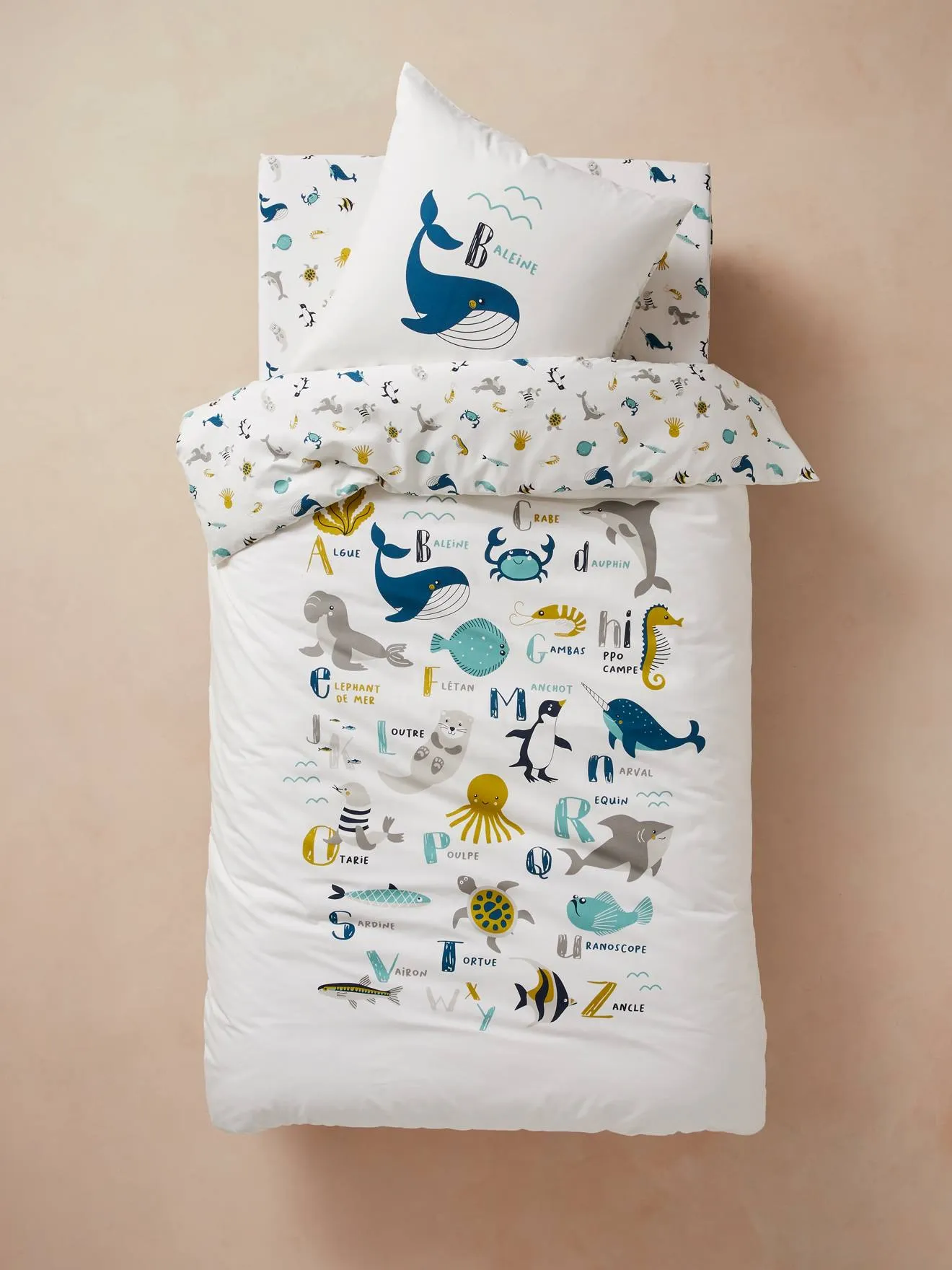 Fitted Sheet for Children, Marine Animal Alphabet Theme - white/print