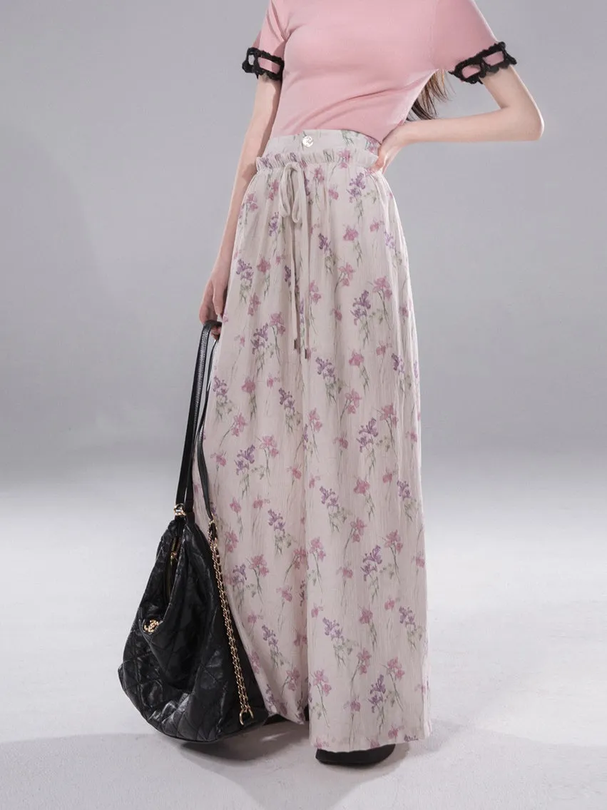 Flower Drawstring Printed Wide-leg Pants