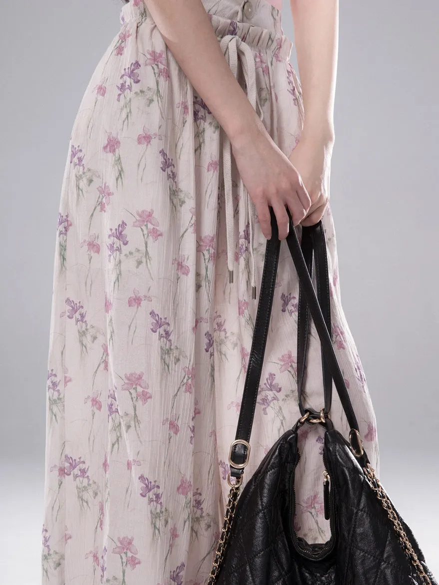 Flower Drawstring Printed Wide-leg Pants