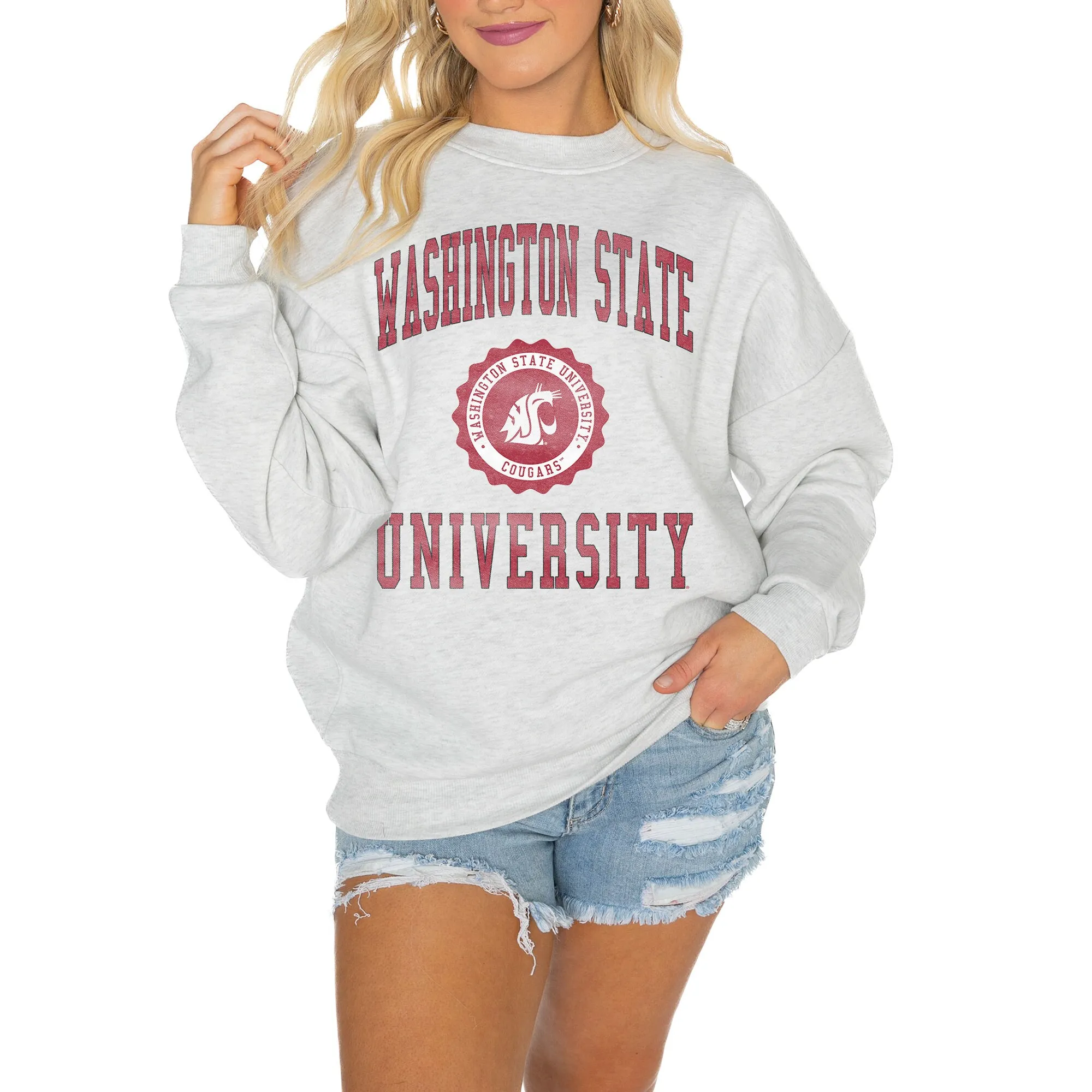 Gameday Couture Washington State Cougars Women's Steel Good Vibes Premium Fleece Drop Shoulder Pullover Sweatshirt