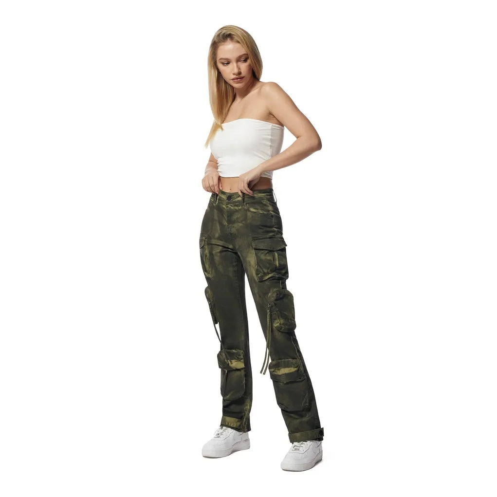 High Rise Straight Leg Pigment Dyed Utility Twill Pants - Clover Green