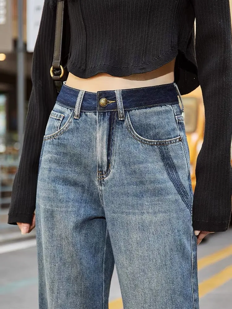 High-waisted straight-leg denim wide-leg pants for women, loose and slim 2023 autumn new style splicing design drapey floor-leng