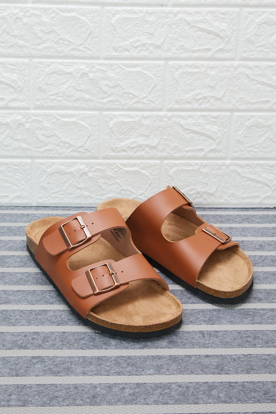 Men Tan Cork Sandals With Buckle