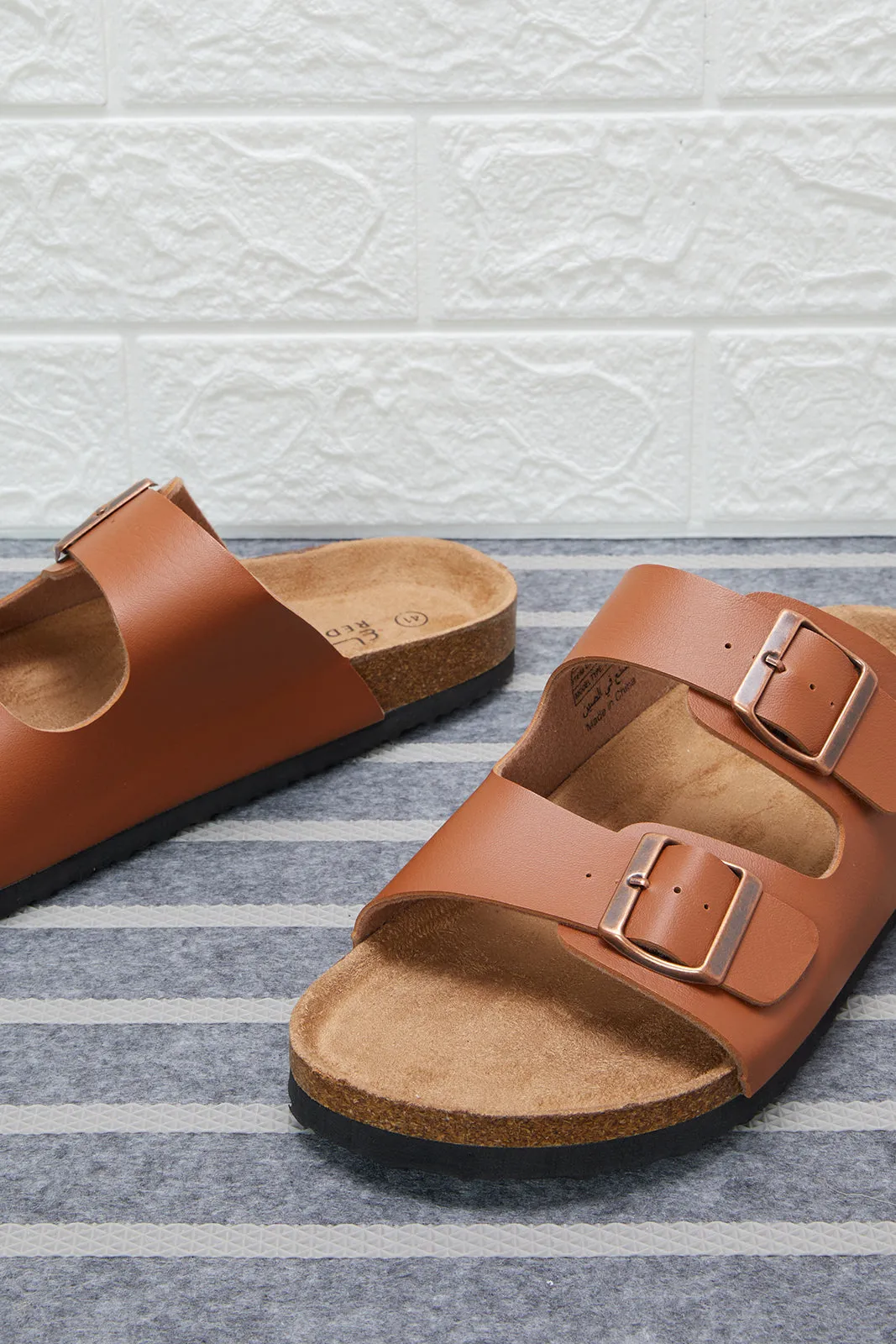 Men Tan Cork Sandals With Buckle