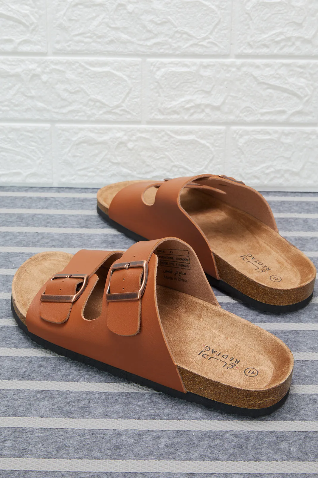 Men Tan Cork Sandals With Buckle