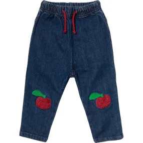 Mon Coeur Baby Red Apple Knee Patch Elastic Waist Drawstring Jeans, Blue