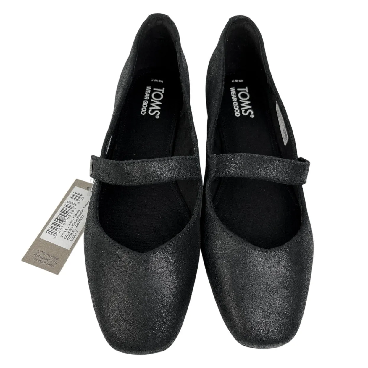 NEW Toms Bianca Black Metallic Suede Square Toe Mary Jane Flats Shoes Size 7