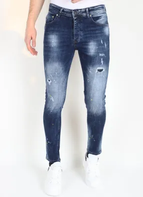 Paint Splatter Jeans Men's Slim Fit with Holes -MM116- Blue 