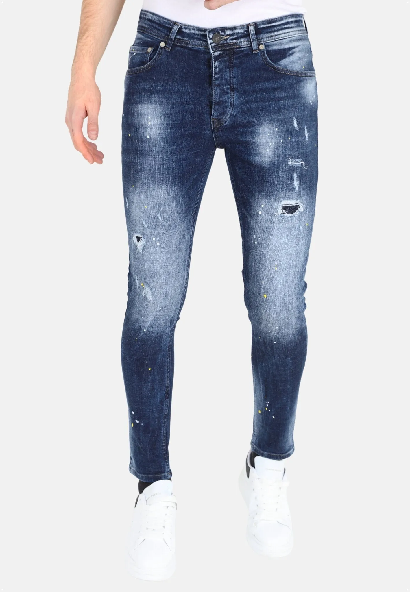 Paint Splatter Jeans Men's Slim Fit with Holes -MM116- Blue 