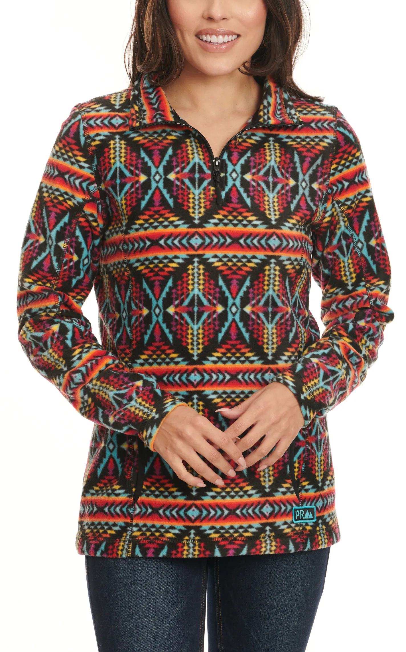 Powder River Outfitters by Panhandle Women's Vibrant Multi-Color Aztec Print Long Sleeve Fleece 1/4 Zip Pullover