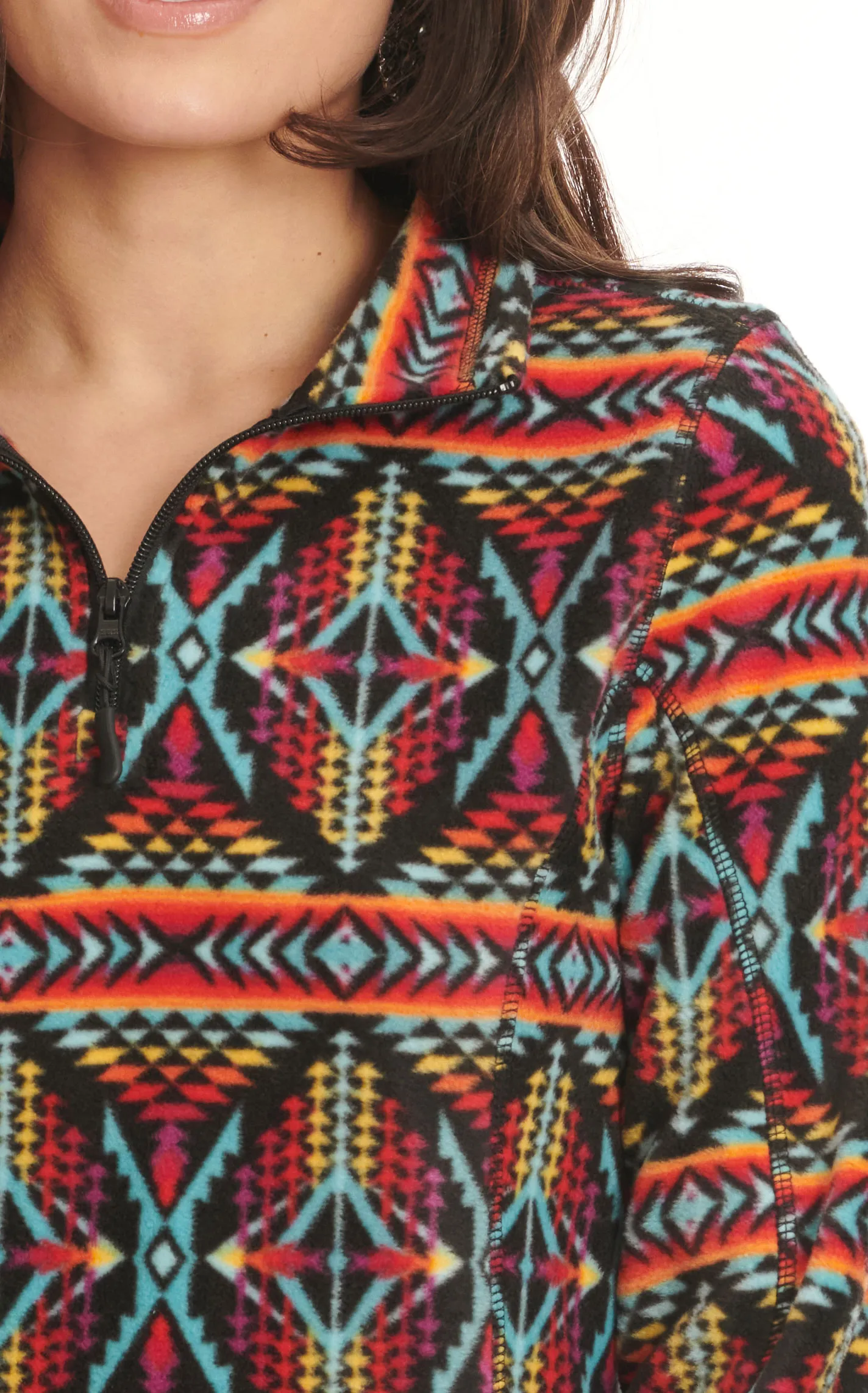 Powder River Outfitters by Panhandle Women's Vibrant Multi-Color Aztec Print Long Sleeve Fleece 1/4 Zip Pullover