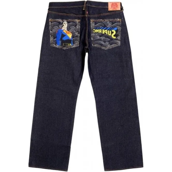 Rare and Exclusive Design Dark Indigo Raw Denim Jeans with Embroidered Superman