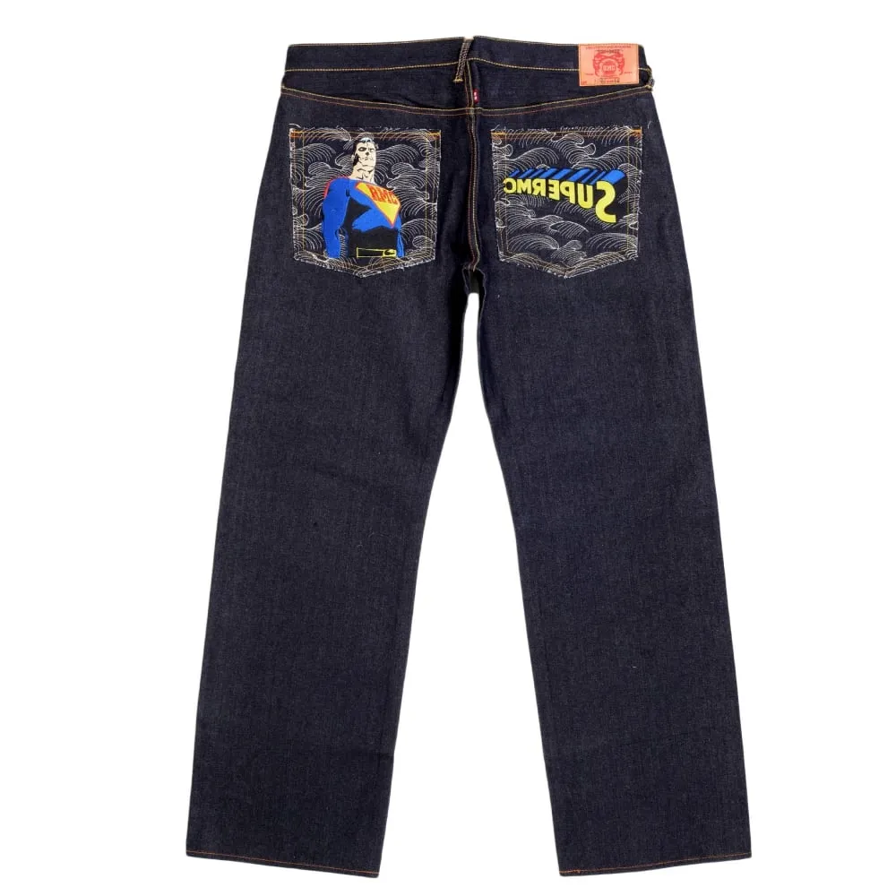 Rare and Exclusive Design Dark Indigo Raw Denim Jeans with Embroidered Superman