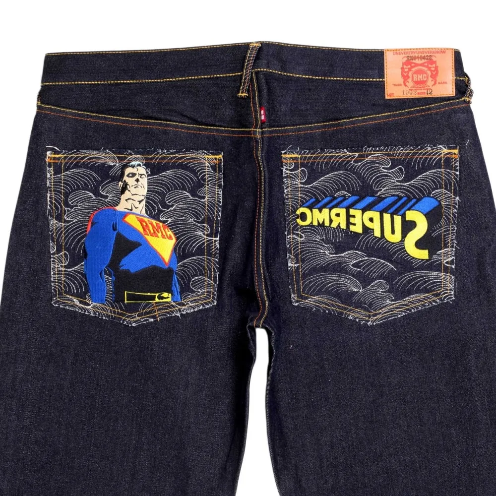 Rare and Exclusive Design Dark Indigo Raw Denim Jeans with Embroidered Superman