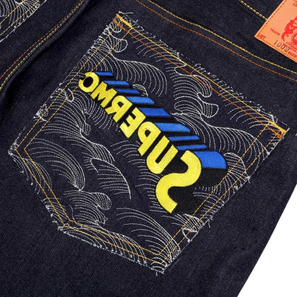 Rare and Exclusive Design Dark Indigo Raw Denim Jeans with Embroidered Superman