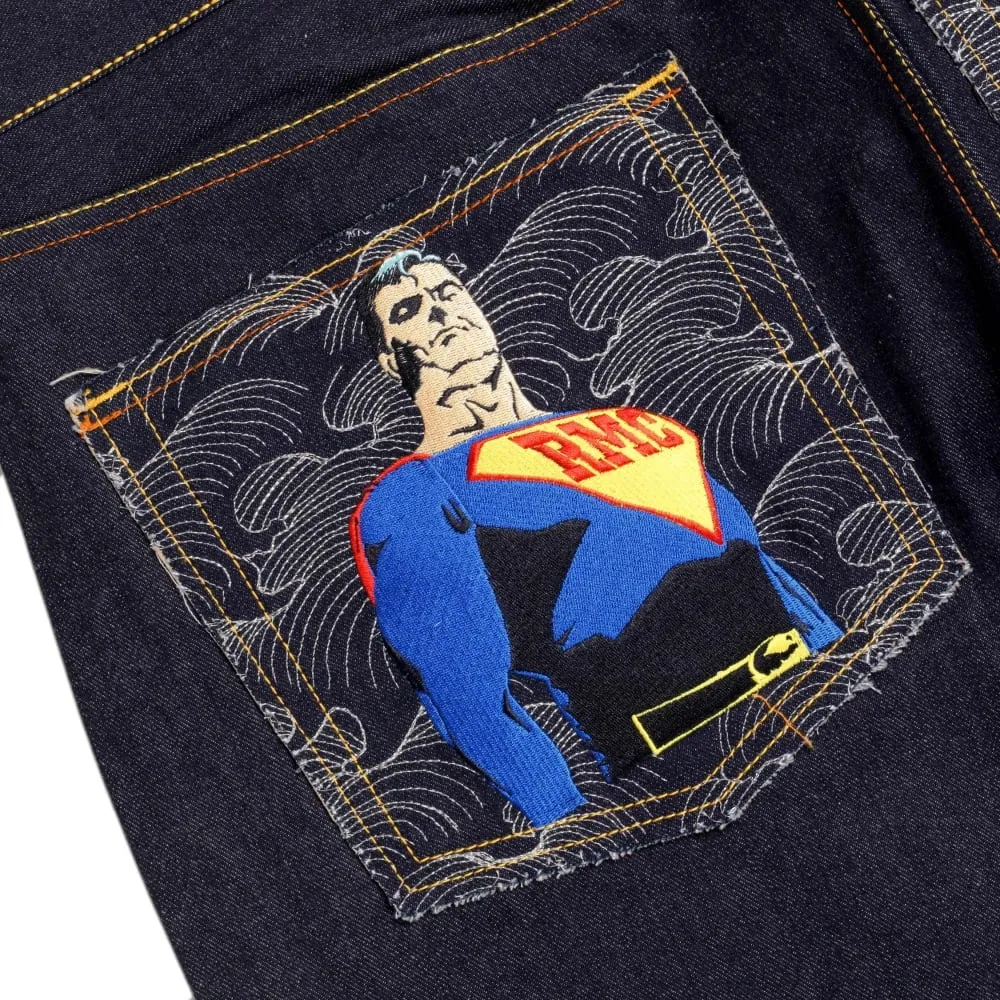 Rare and Exclusive Design Dark Indigo Raw Denim Jeans with Embroidered Superman