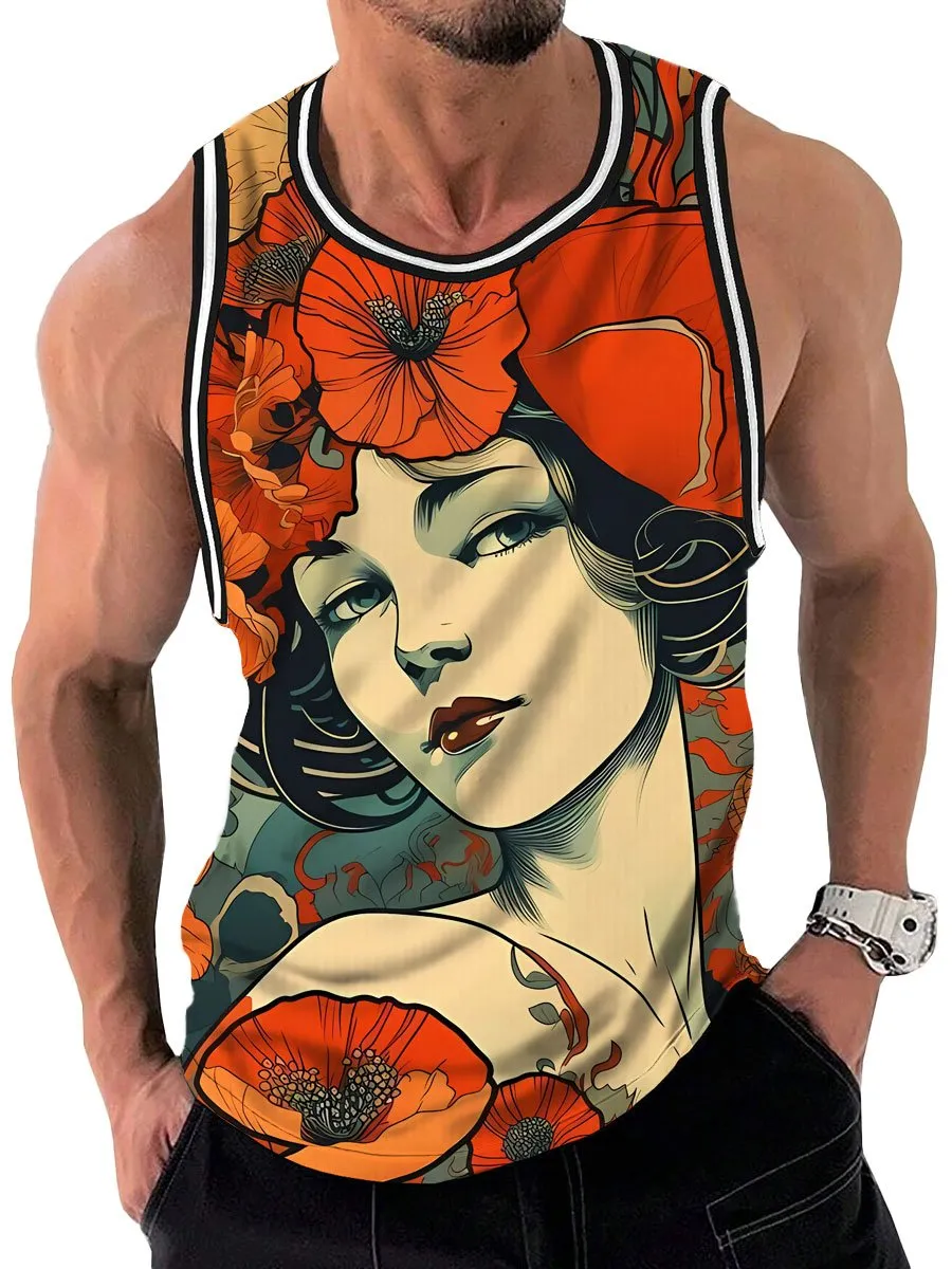 Retro Beauty Floral Print Round Neck Sleeveless Tank Top