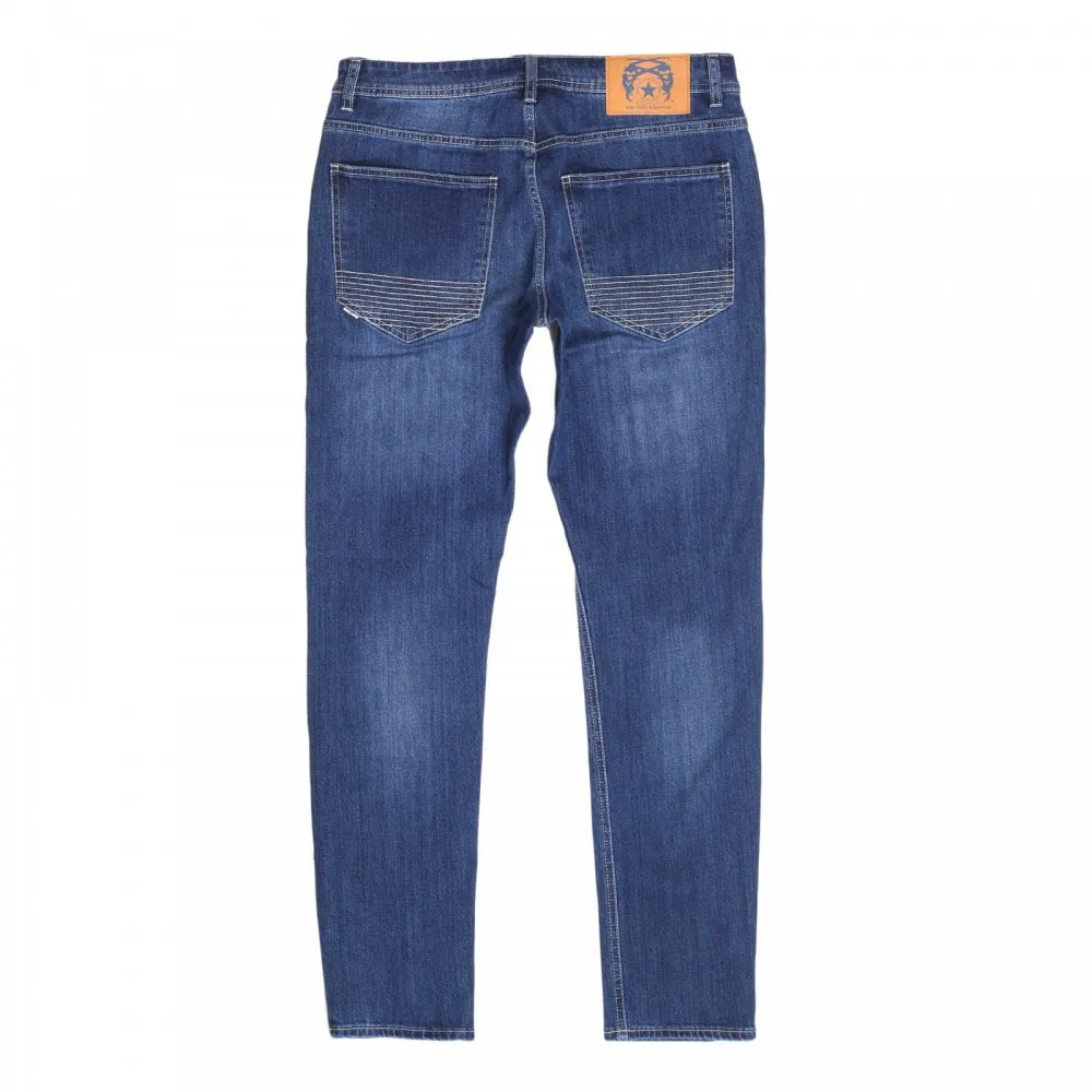 RPQ16135 Mens Washed Mid Blue Slim Stretch Denim Jeans with Fading and Creasing RMC7522