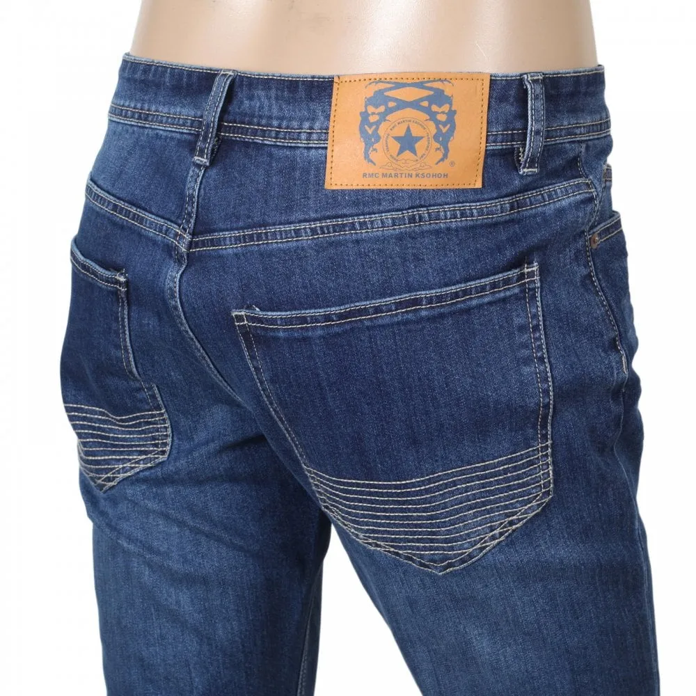 RPQ16135 Mens Washed Mid Blue Slim Stretch Denim Jeans with Fading and Creasing RMC7522