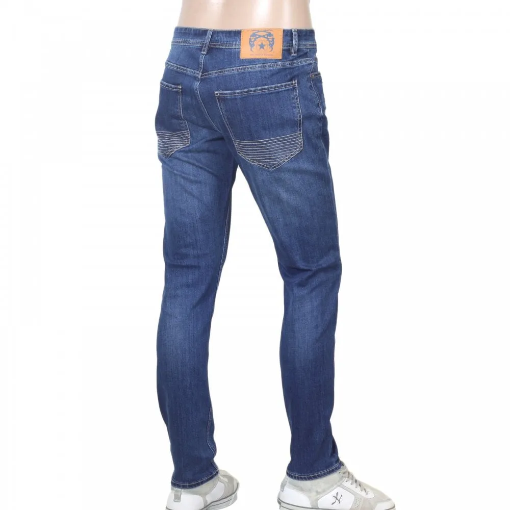 RPQ16135 Mens Washed Mid Blue Slim Stretch Denim Jeans with Fading and Creasing RMC7522