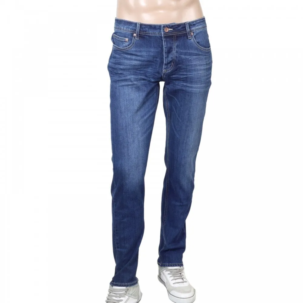 RPQ16135 Mens Washed Mid Blue Slim Stretch Denim Jeans with Fading and Creasing RMC7522