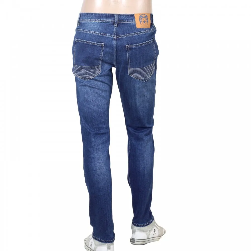 RPQ16135 Mens Washed Mid Blue Slim Stretch Denim Jeans with Fading and Creasing RMC7522