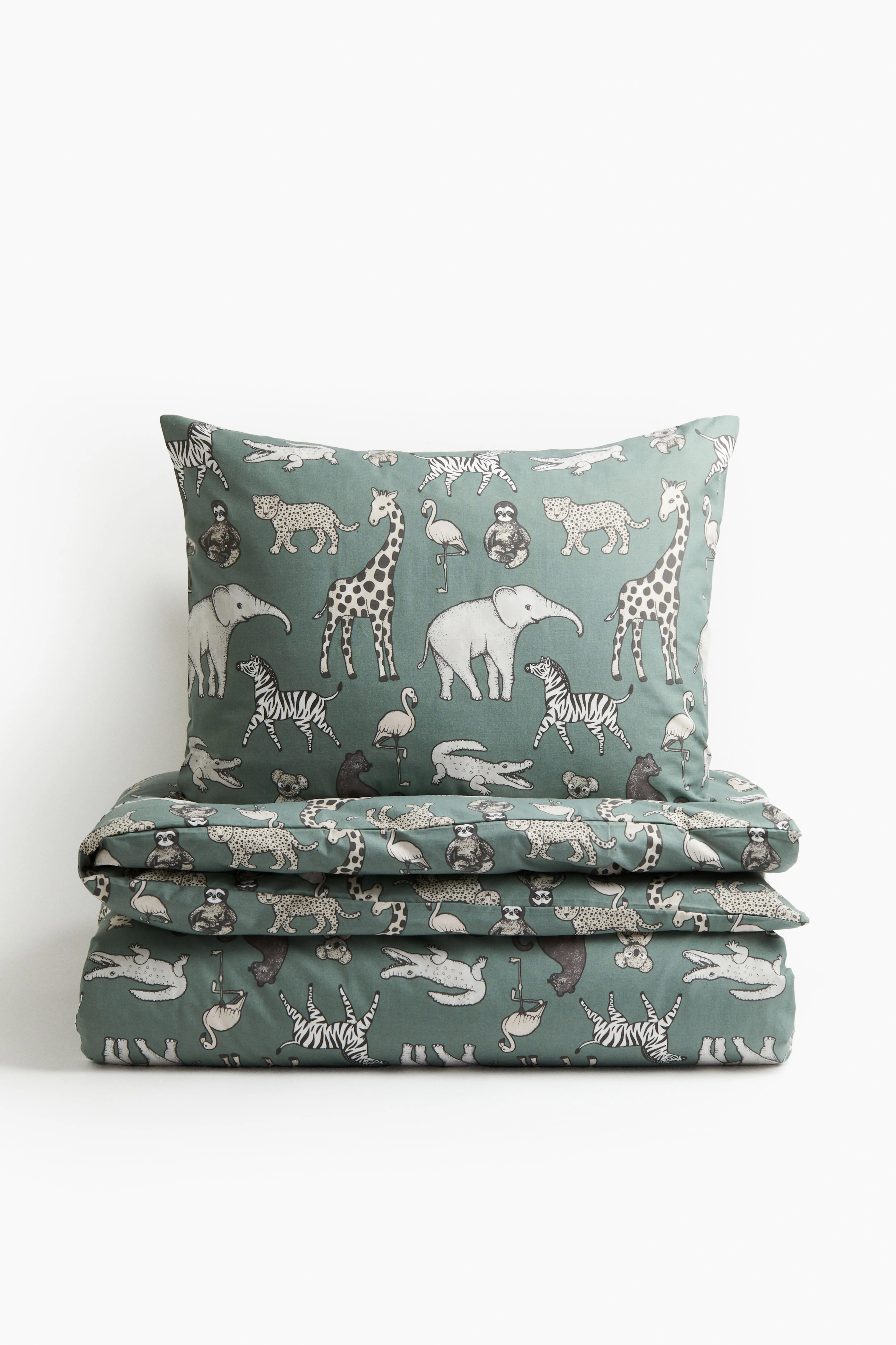 Single cotton duvet cover set - Dusty khaki green/Animals  - Home All | H&M GB