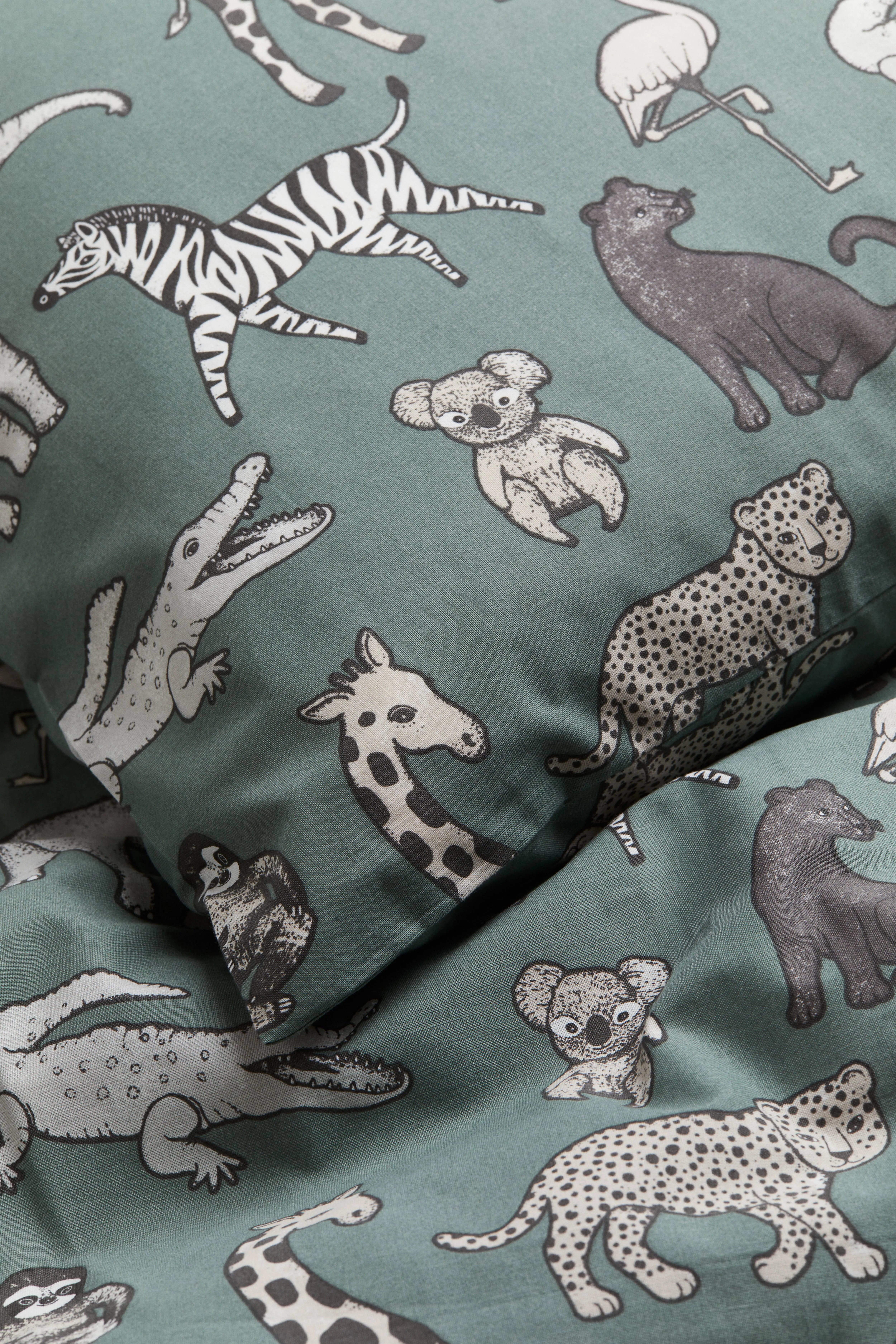 Single cotton duvet cover set - Dusty khaki green/Animals  - Home All | H&M GB