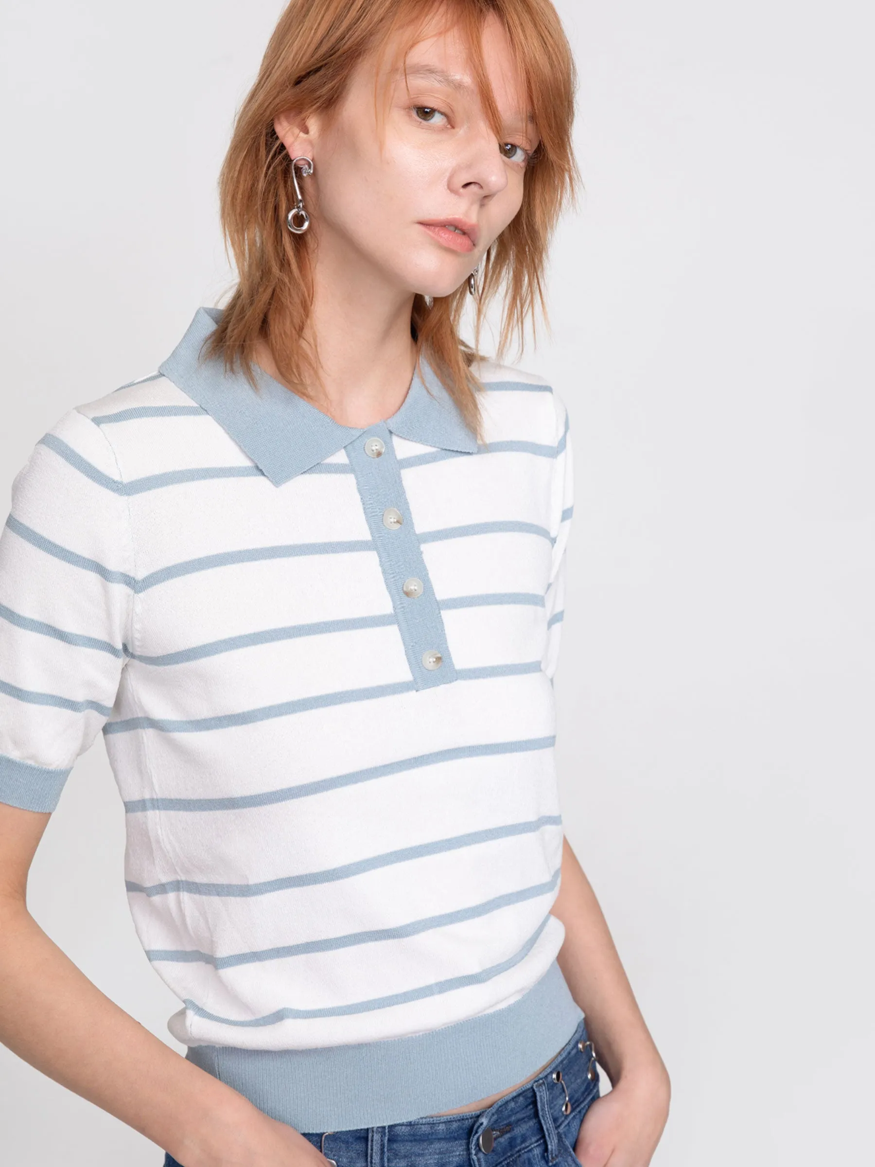 Striped Polo Short Sleeved Knit Pullover