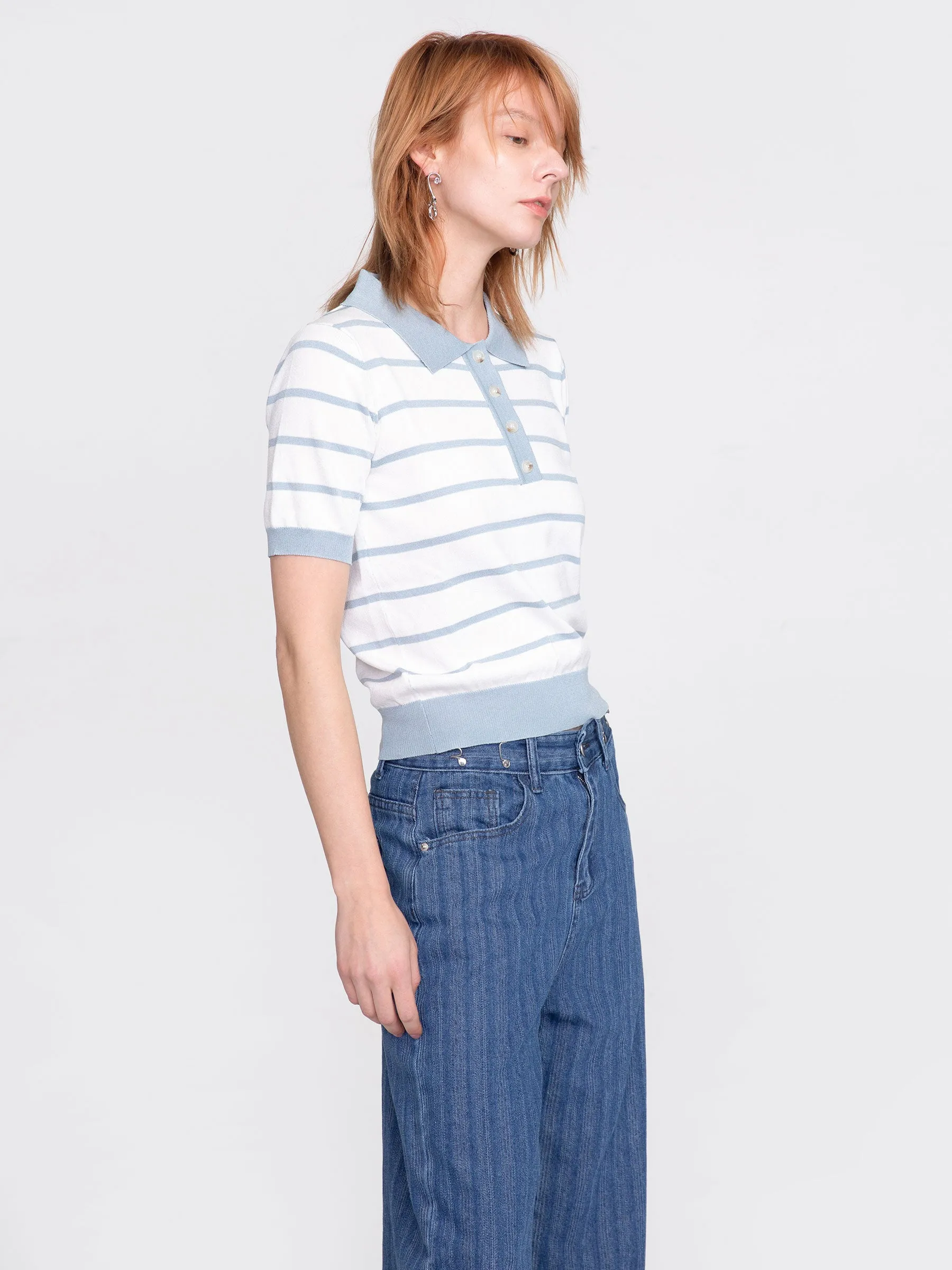 Striped Polo Short Sleeved Knit Pullover