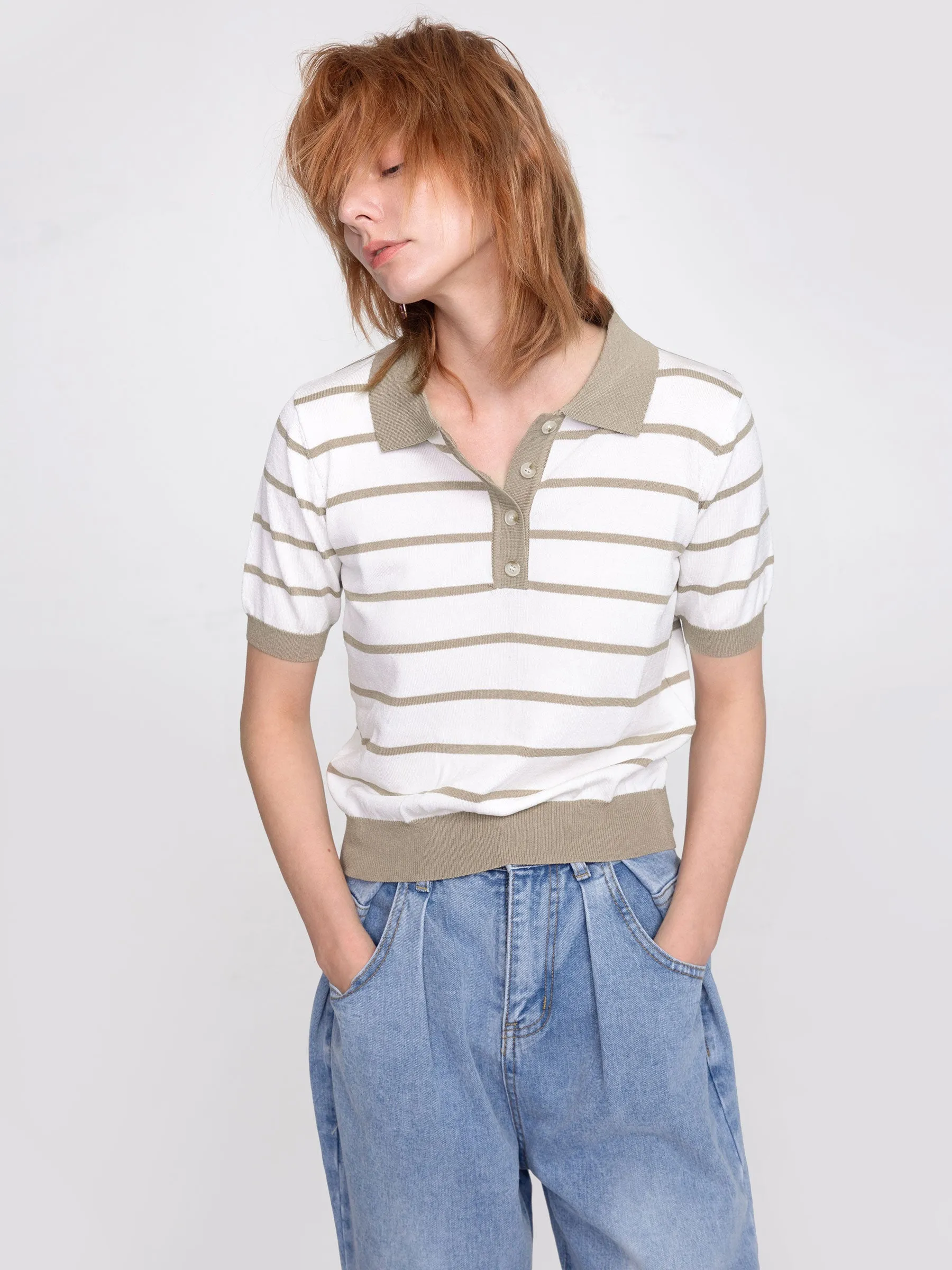 Striped Polo Short Sleeved Knit Pullover