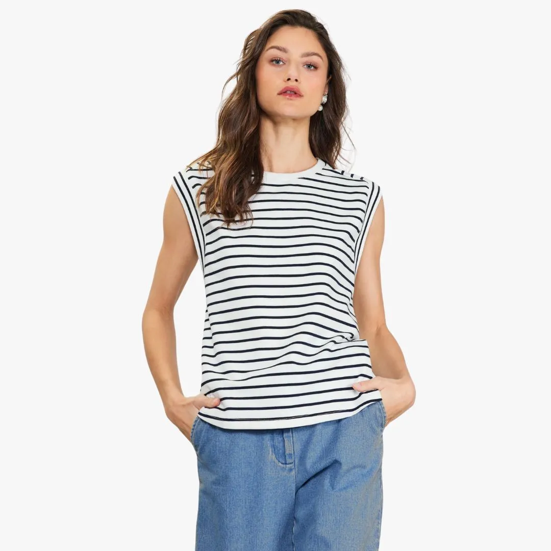 Striped Sleeveless Rib Top (White + Navy)