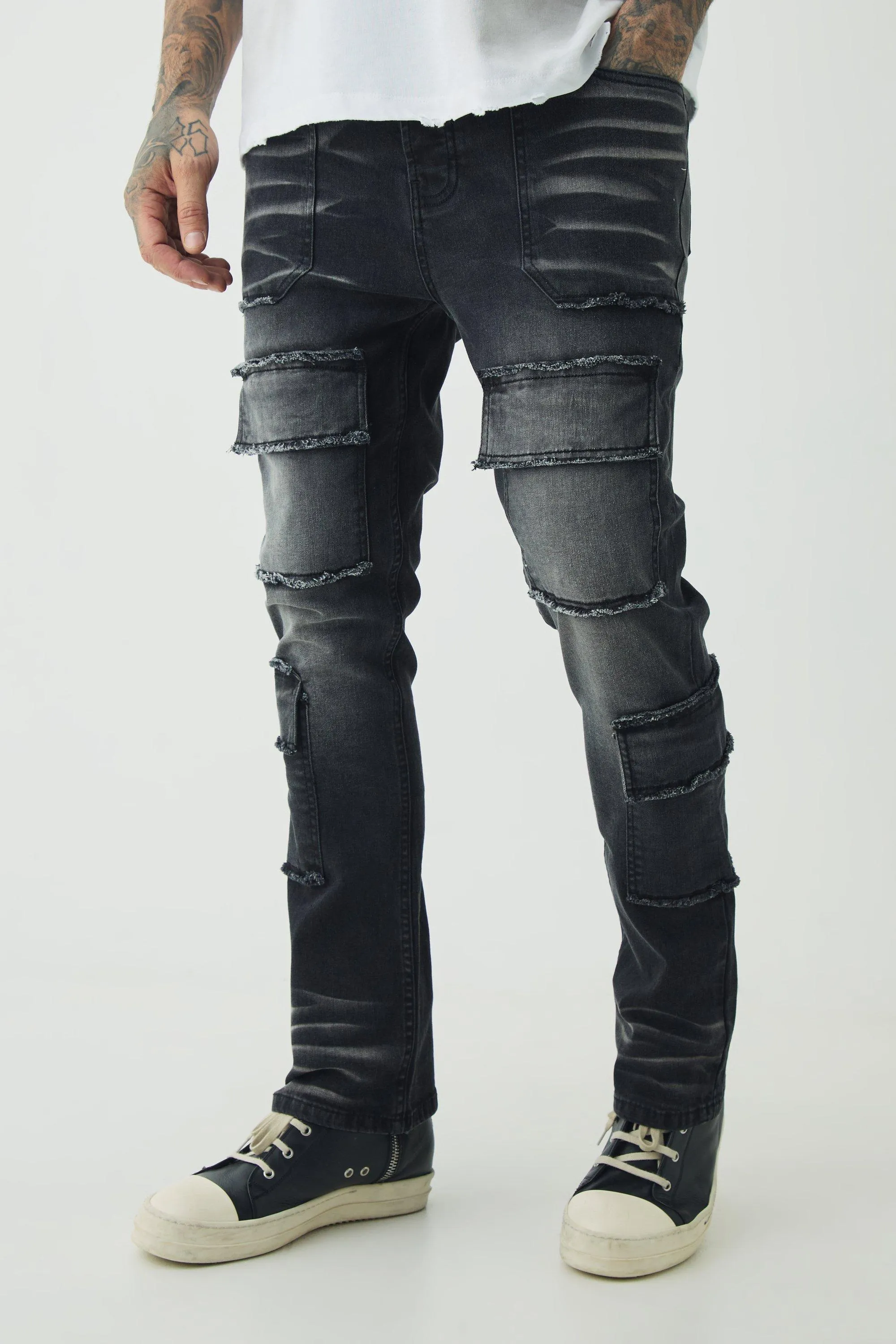 Tall Raw Seam Detail Stretch Skinny Cargo Flared Jeans