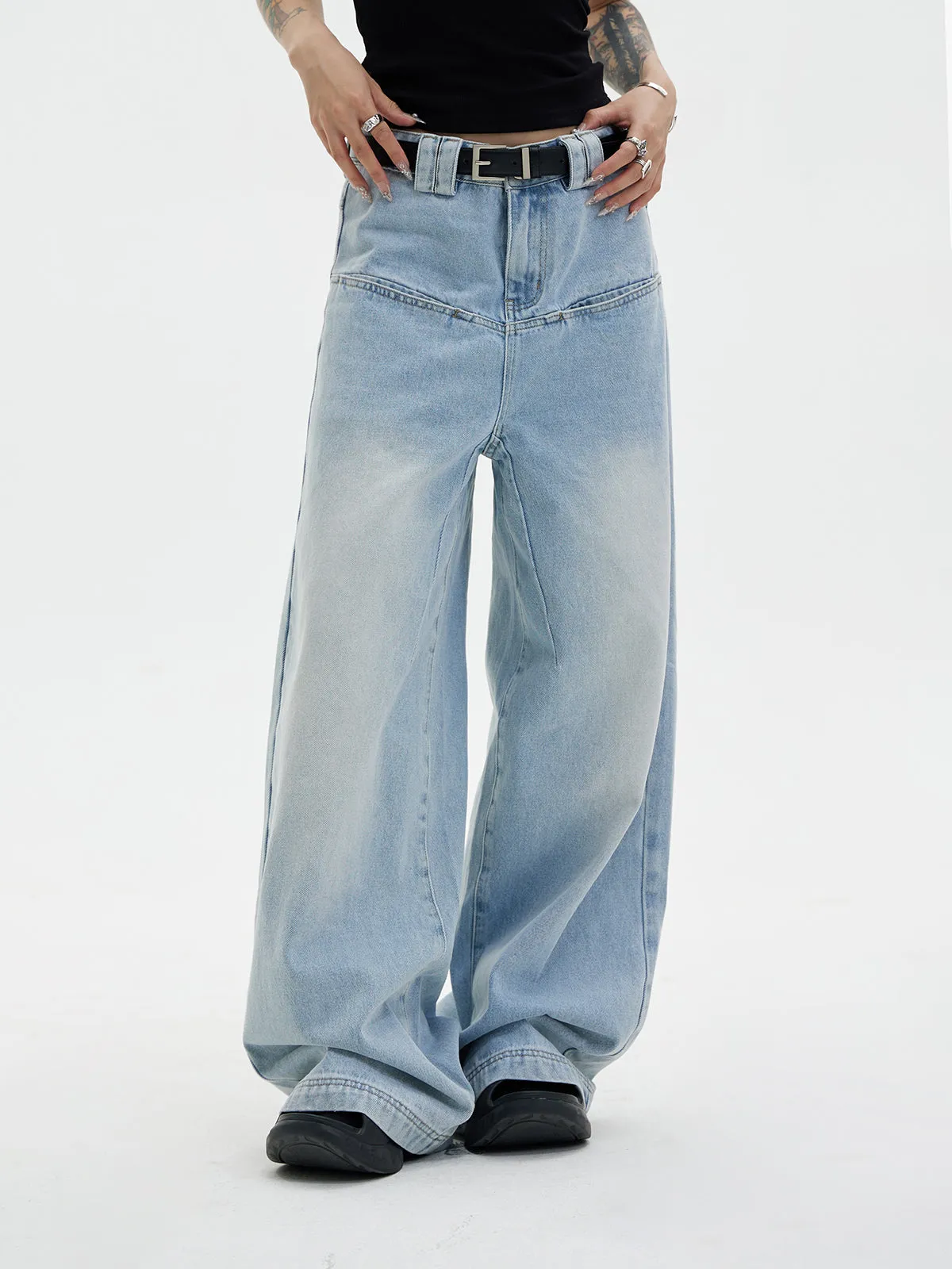 Unisex Faded Wide-Leg Simple Denim Pants