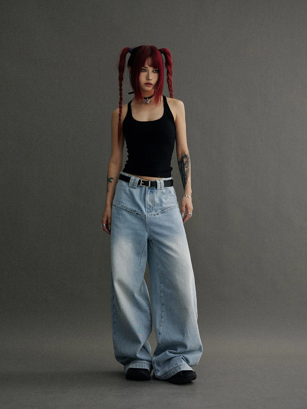 Unisex Faded Wide-Leg Simple Denim Pants