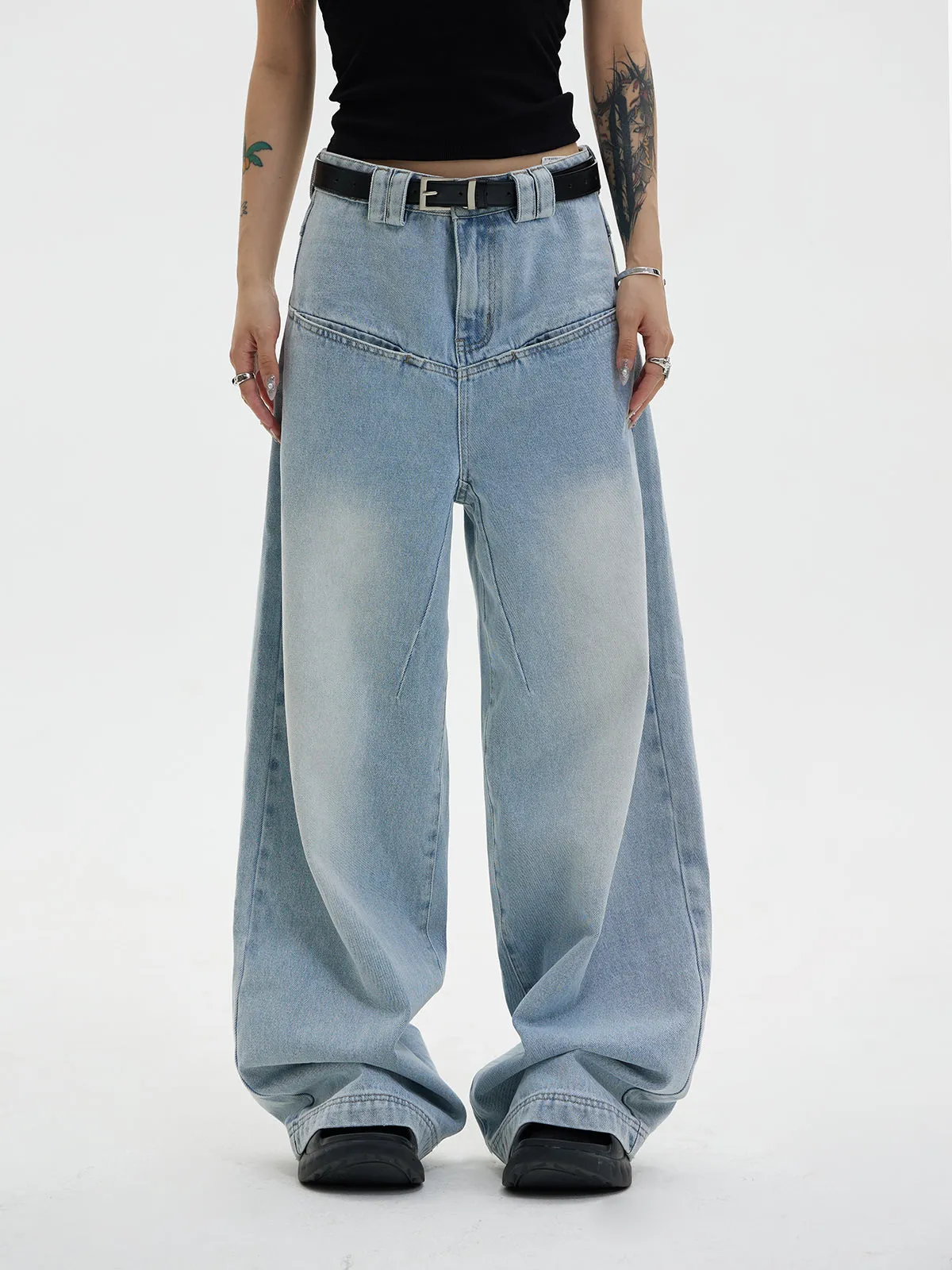 Unisex Faded Wide-Leg Simple Denim Pants