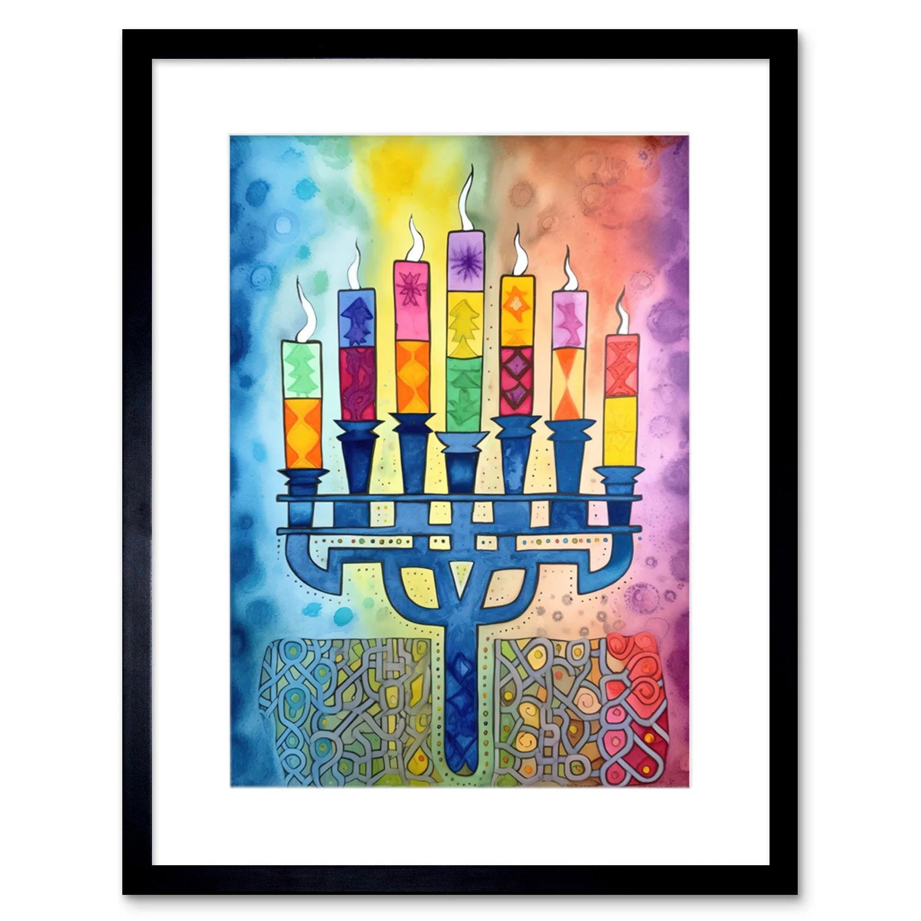 Wall Art & Pictures | Wall Art Print Jewish Menorah Candles Multicolour Folk Art Watercolour Painting Artwork Framed 9X7 Inc